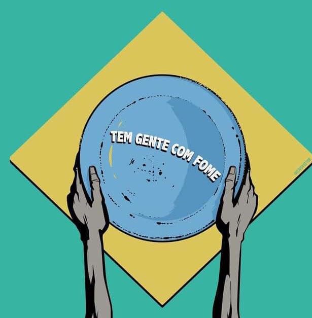 #paratodosverem: simulando a bandeira do Brasil, no lugar do círculo azul um prato de comida e ao invés da frase ordem e progresso lê-se Tem Gente Fome. Dois braços e mãos agarram o prato