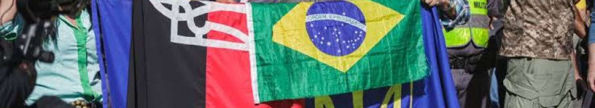 Neonazistas brasileiros com a bandeiras supremacistas ucraniana